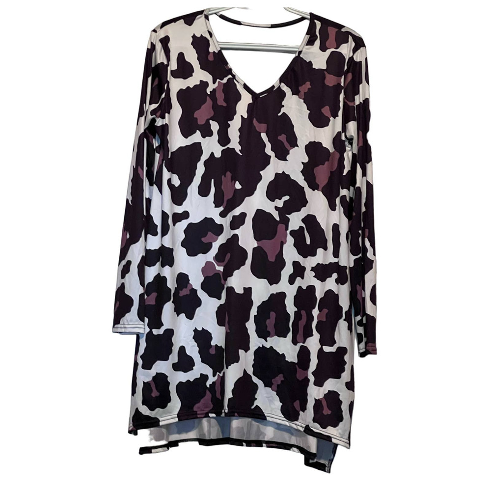 Unknown Brand & Size Women's Black & Brown Cow Print V-Neck Long Sleeve Shirt